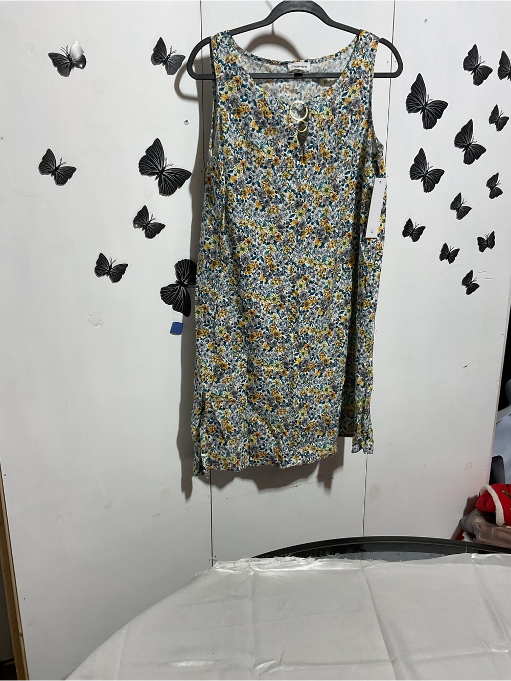 Sleeveless Floral Shift Dress in Blue and Yellow